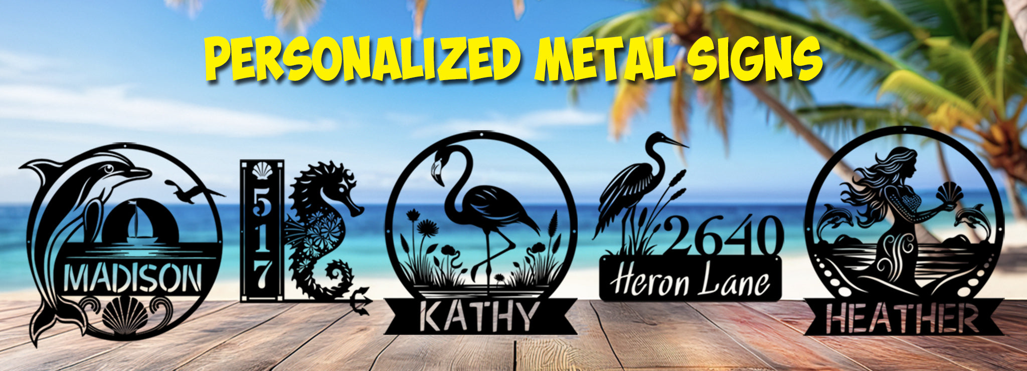 Personalized metal signs with names and designs on a beach background