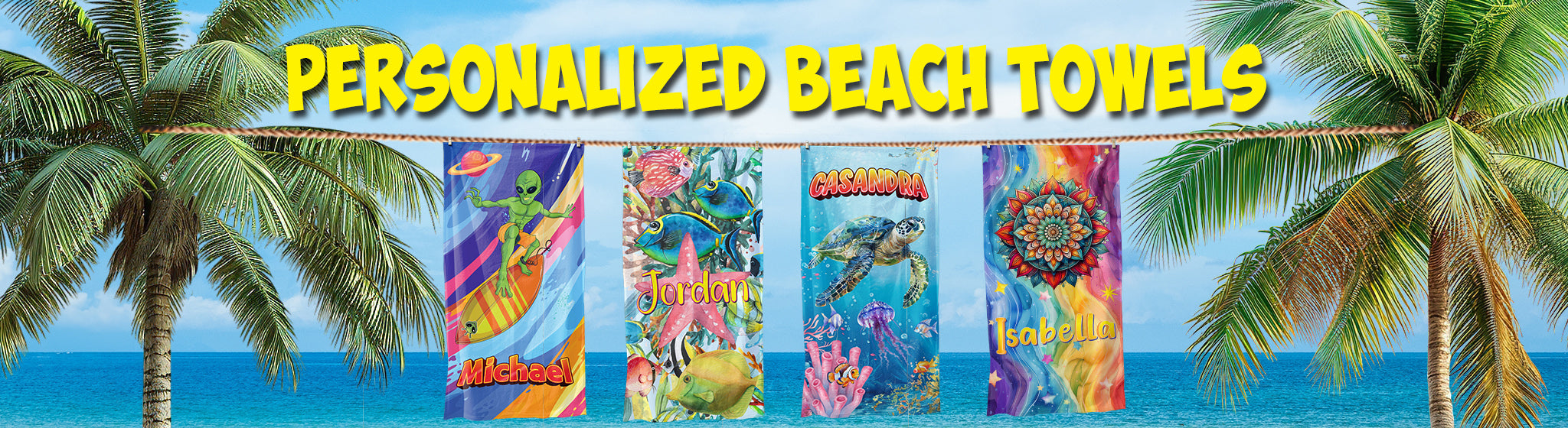 Promotional banner for personalized beach towels with colorful designs and palm trees.