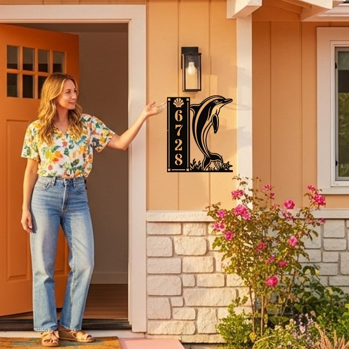 A woman standing on a porch with a decorative custom metal sign featuring a penguin design.